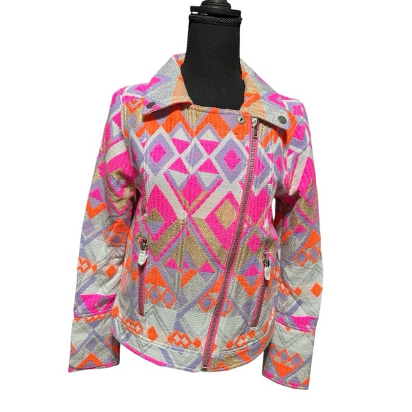 Chaser Mahlia Textured Moto Jacket Aztec Print, Metallic and Neon accents - Picture 4 of 11